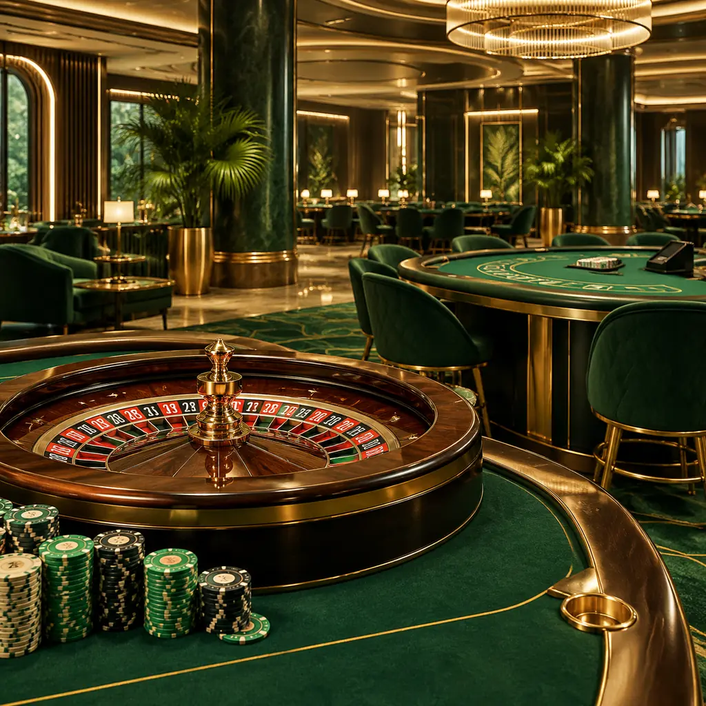 Roda roulette serta meja kartu di area kasino