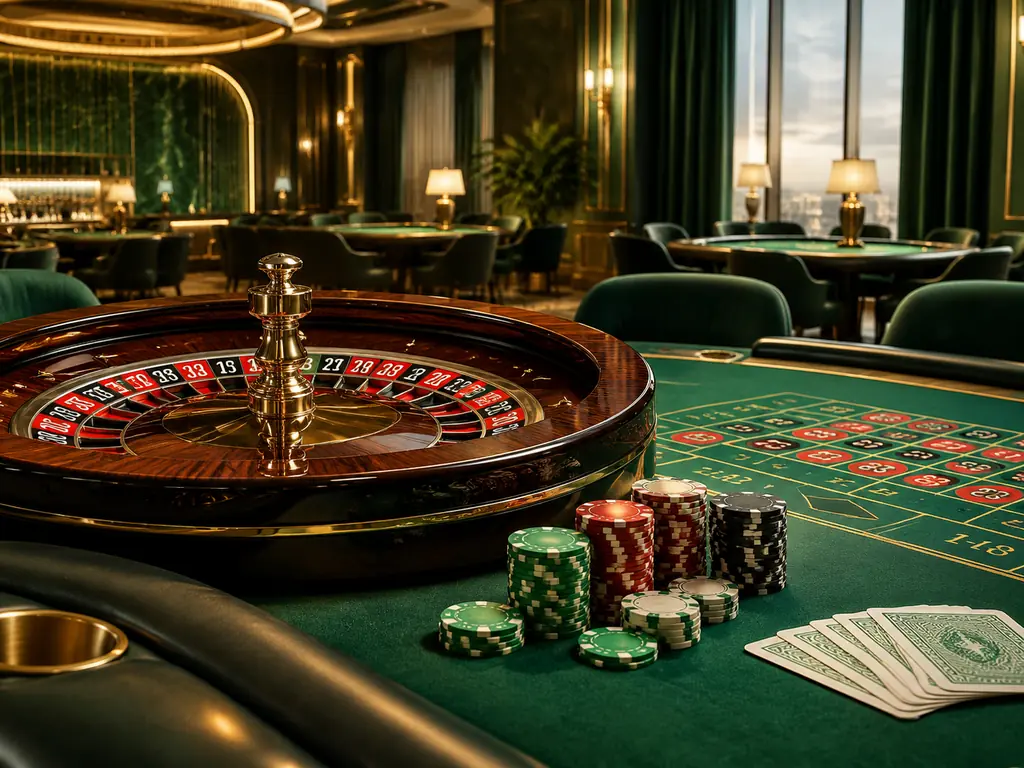 Meja roulette dan kartu di ruang kasino bernuansa hijau